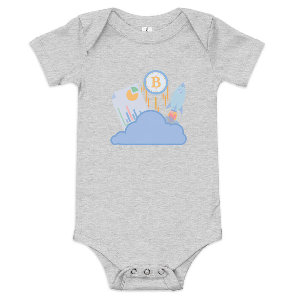 Shop the Bitcoin Baby Short Sleeve One Piece—adorable and comfortable Bitcoin-themed onesie for your little pleb in grey