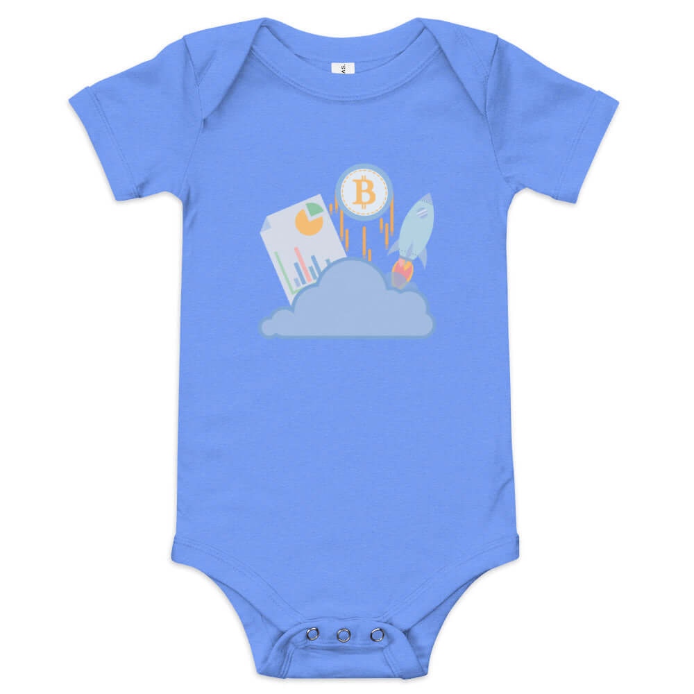 Shop the Bitcoin Baby Short Sleeve One Piece—adorable and comfortable Bitcoin-themed onesie for your little pleb in blue