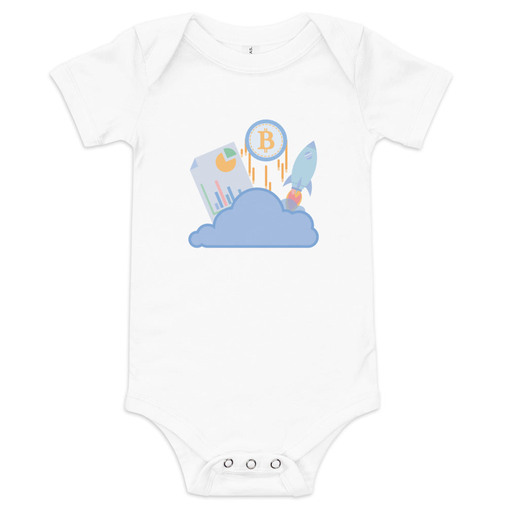 Shop the Bitcoin Baby Short Sleeve One Piece—adorable and comfortable Bitcoin-themed onesie for your little pleb in white