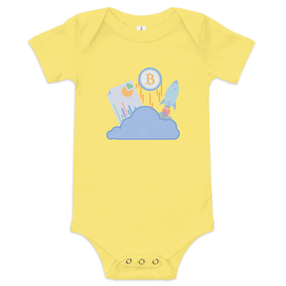 Shop the Bitcoin Baby Short Sleeve One Piece—adorable and comfortable Bitcoin-themed onesie for your little pleb in yellow