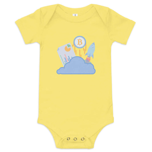 Shop the Bitcoin Baby Short Sleeve One Piece—adorable and comfortable Bitcoin-themed onesie for your little pleb in yellow