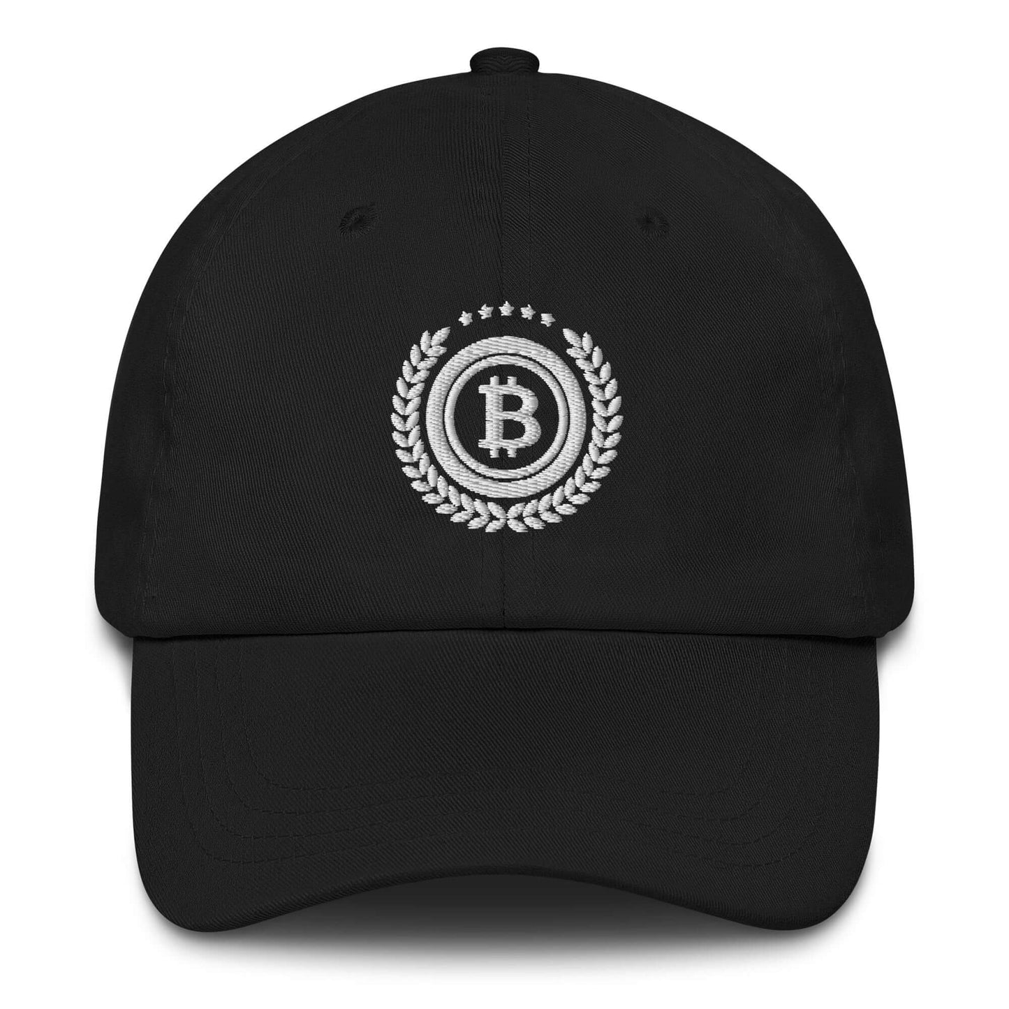 Shop the Bitcoin 5 Stars Dad Hat—stylish and comfortable cap for Bitcoin supporters who wear their passion proudly in black