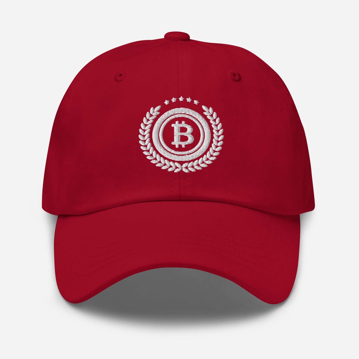 Shop the Bitcoin 5 Stars Dad Hat—stylish and comfortable cap for Bitcoin supporters who wear their passion proudly in crranbery