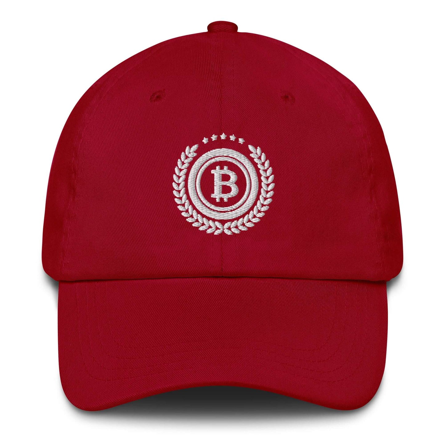 Shop the Bitcoin 5 Stars Dad Hat—stylish and comfortable cap for Bitcoin supporters who wear their passion proudly in crranbery