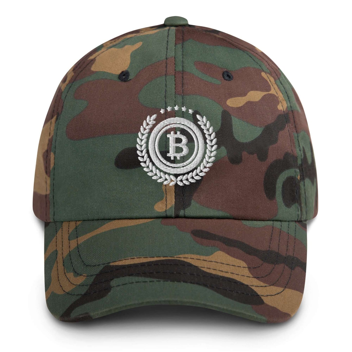 Shop the Bitcoin 5 Stars Dad Hat—stylish and comfortable cap for Bitcoin supporters who wear their passion proudly in camo green