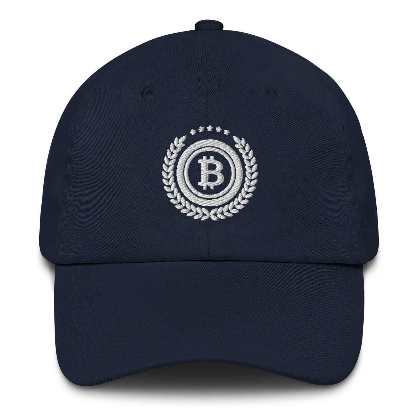 Shop the Bitcoin 5 Stars Dad Hat—stylish and comfortable cap for Bitcoin supporters who wear their passion proudly in navy blue