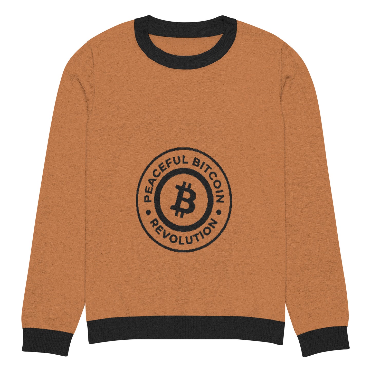Bitcoin Peaceful Revolution Knitted Crew Neck Sweater – Cozy sweater with a Bitcoin-themed peaceful revolution design