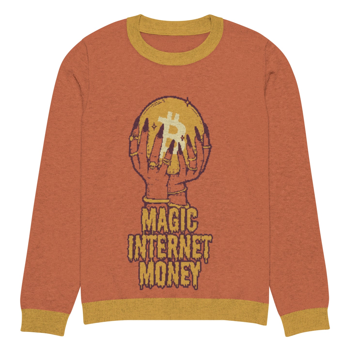 Bitcoin Magic Internet Money Knitted Crew Neck Sweater – Cozy sweater with a Bitcoin-themed magic internet money design