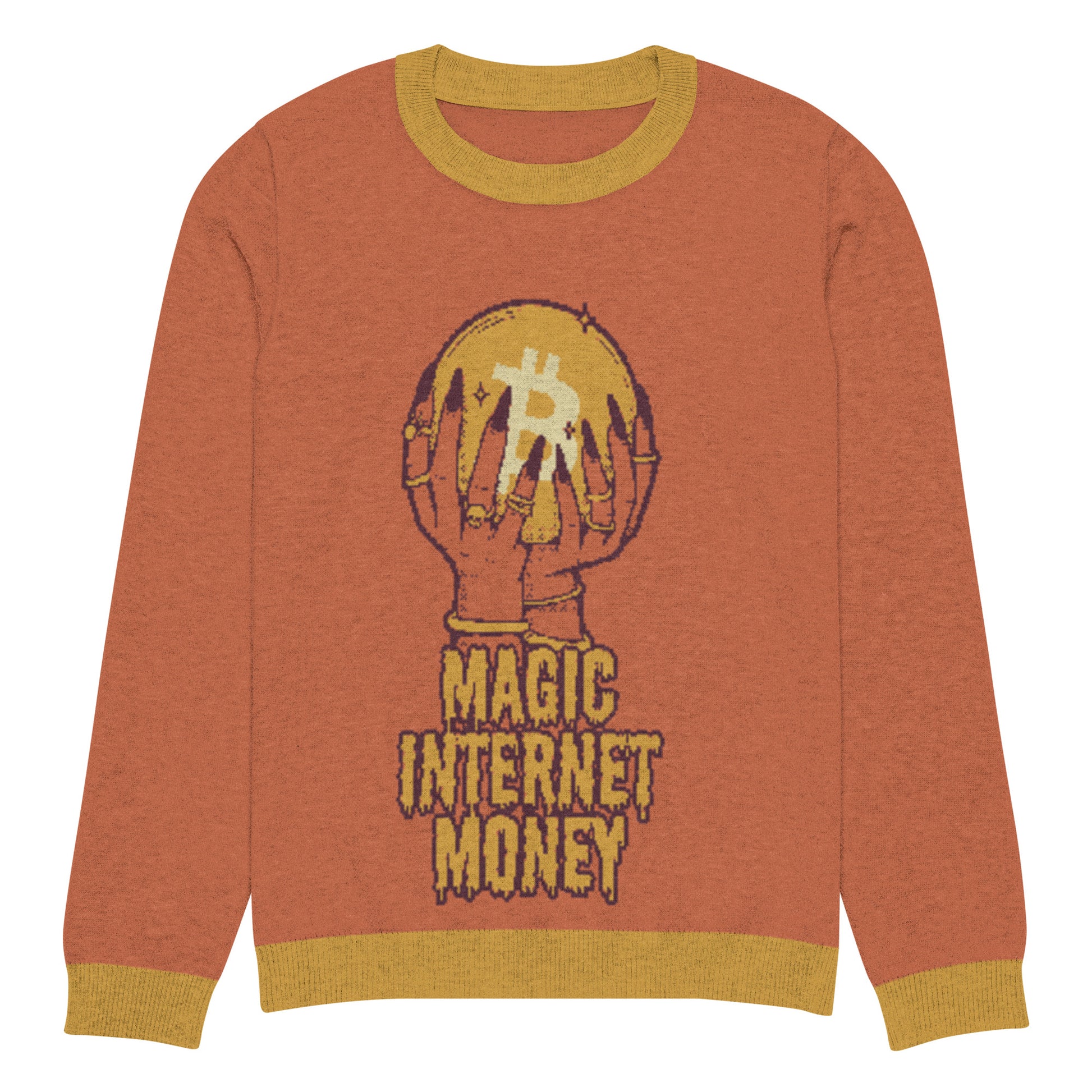 Bitcoin Magic Internet Money Knitted Crew Neck Sweater – Cozy sweater with a Bitcoin-themed magic internet money design