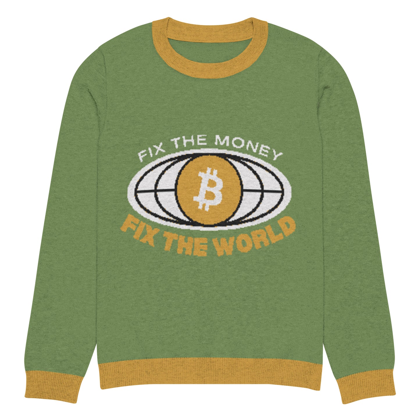 Bitcoin Fix The Money Knitted Crew Neck Sweater – Cozy sweater with a Bitcoin-themed fix the money design