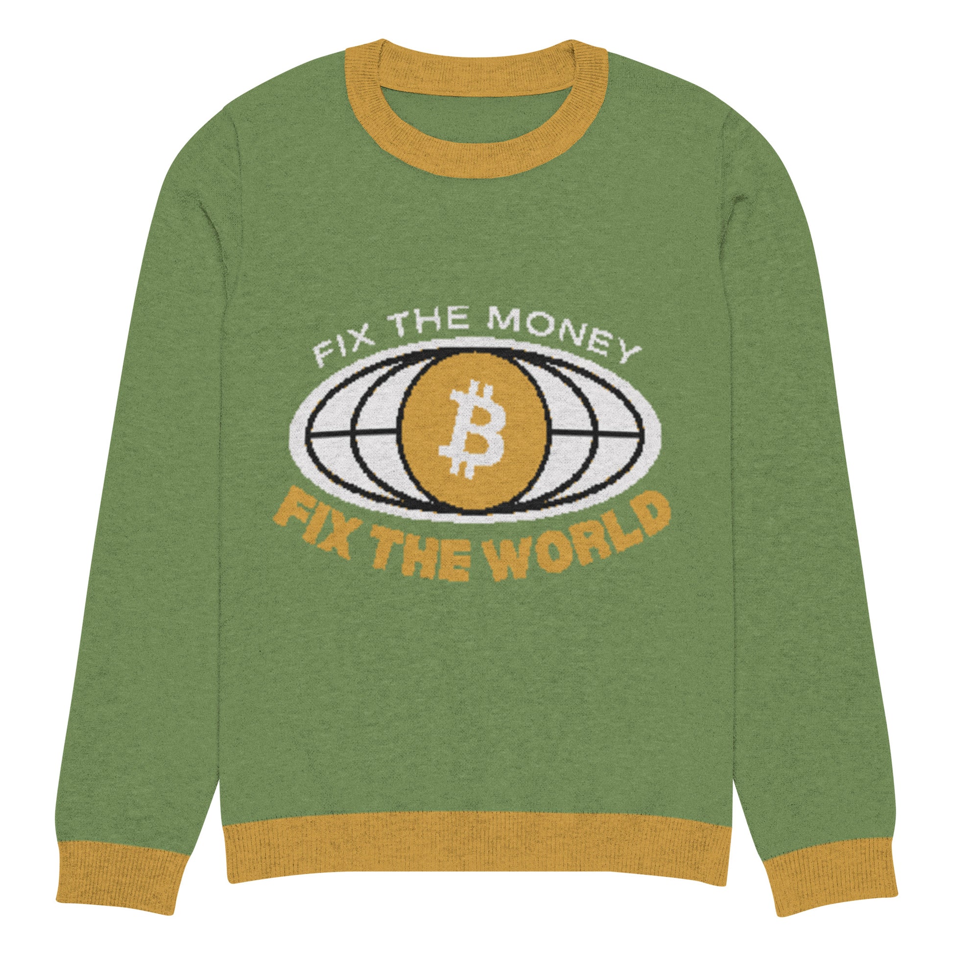 Bitcoin Fix The Money Knitted Crew Neck Sweater – Cozy sweater with a Bitcoin-themed fix the money design