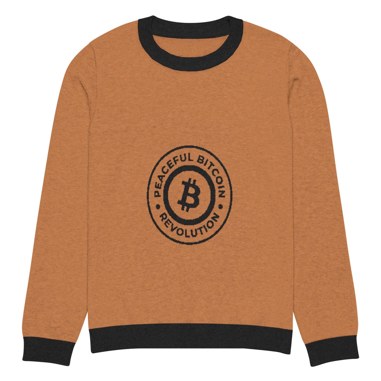 Bitcoin Peaceful Revolution Knitted Crew Neck Sweater – Cozy sweater with a Bitcoin-themed peaceful revolution design