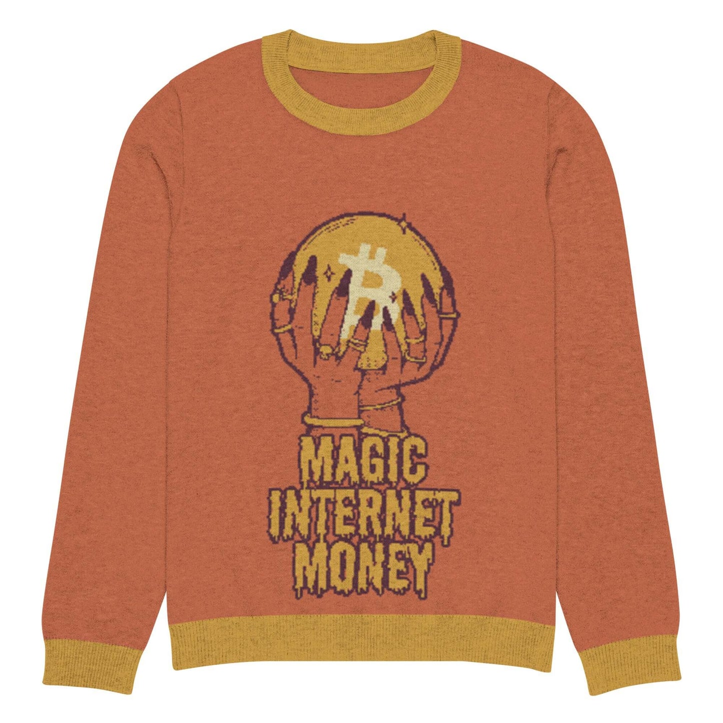 Bitcoin Magic Internet Money Knitted Crew Neck Sweater – Cozy sweater with a Bitcoin-themed magic internet money design
