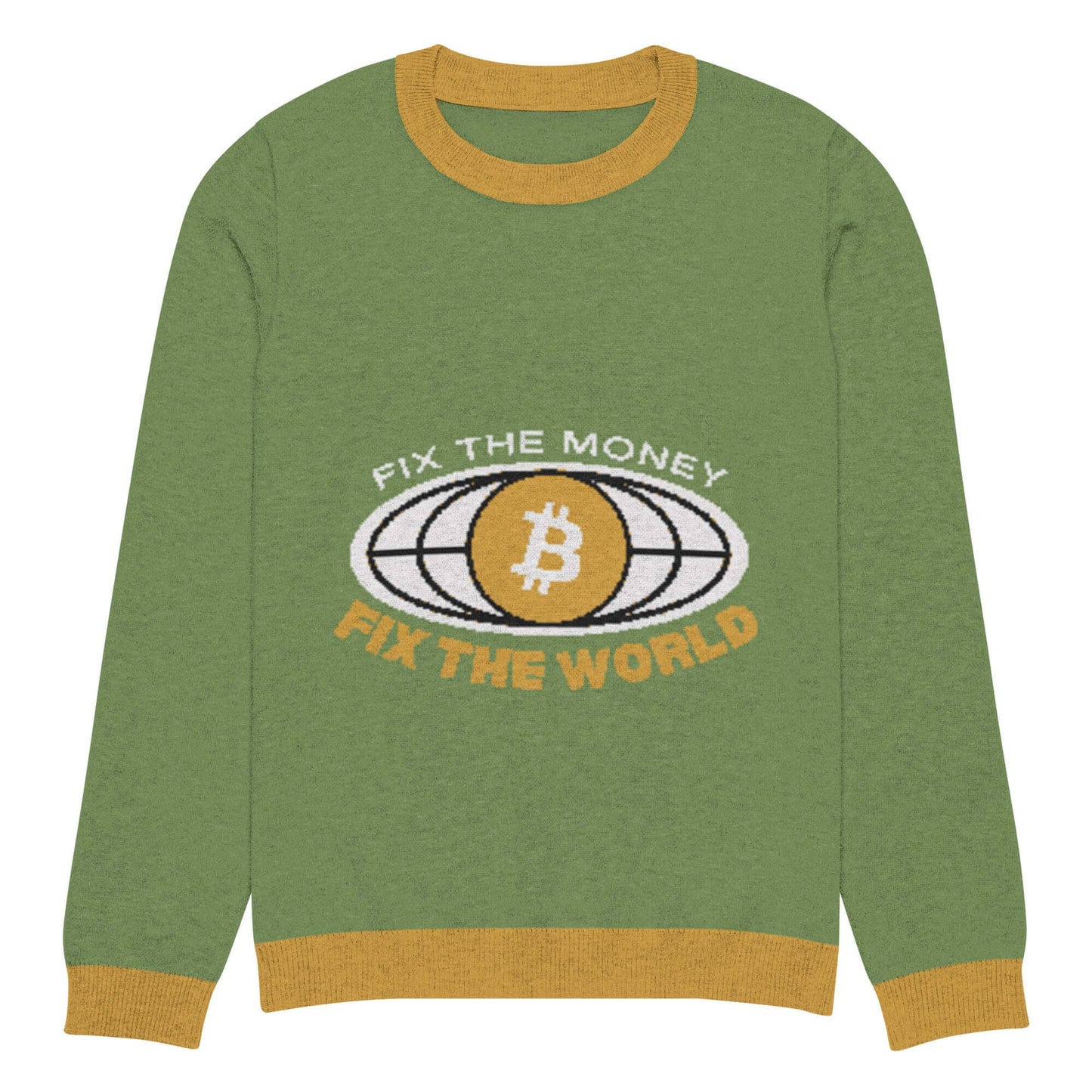 Bitcoin Fix The Money Knitted Crew Neck Sweater – Cozy sweater with a Bitcoin-themed fix the money design