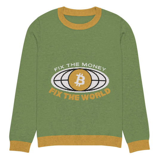 Bitcoin Fix The Money Knitted Crew Neck Sweater – Cozy sweater with a Bitcoin-themed fix the money design