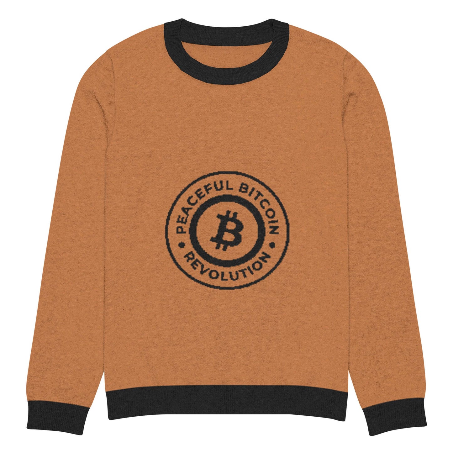 Bitcoin Peaceful Revolution Knitted Crew Neck Sweater – Cozy sweater with a Bitcoin-themed peaceful revolution design