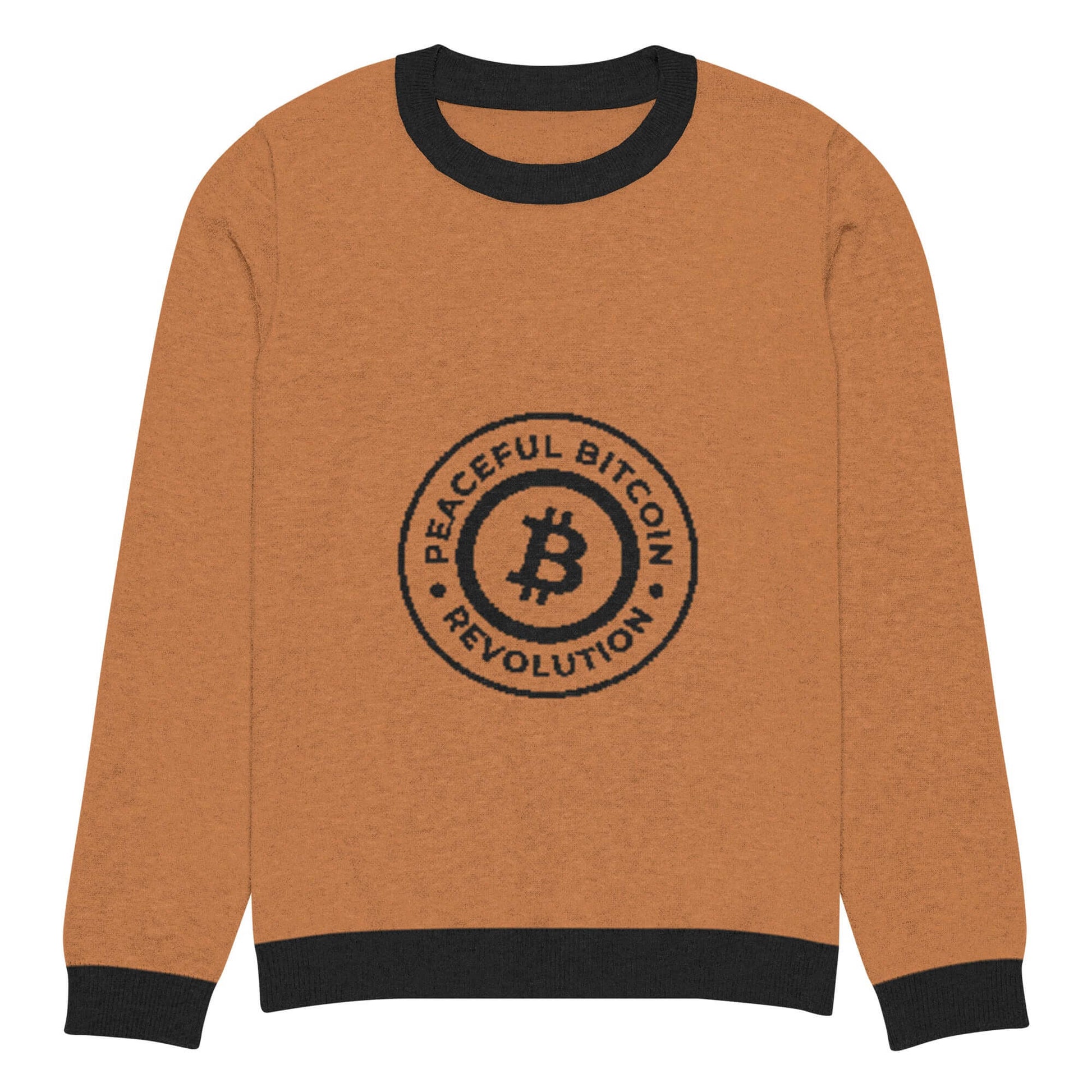 Bitcoin Peaceful Revolution Knitted Crew Neck Sweater – Cozy sweater with a Bitcoin-themed peaceful revolution design
