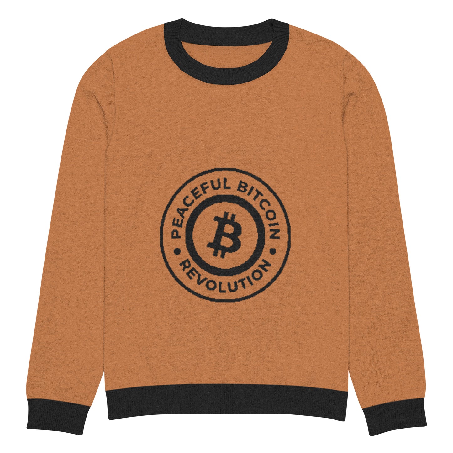 Bitcoin Peaceful Revolution Knitted Crew Neck Sweater – Cozy sweater with a Bitcoin-themed peaceful revolution design
