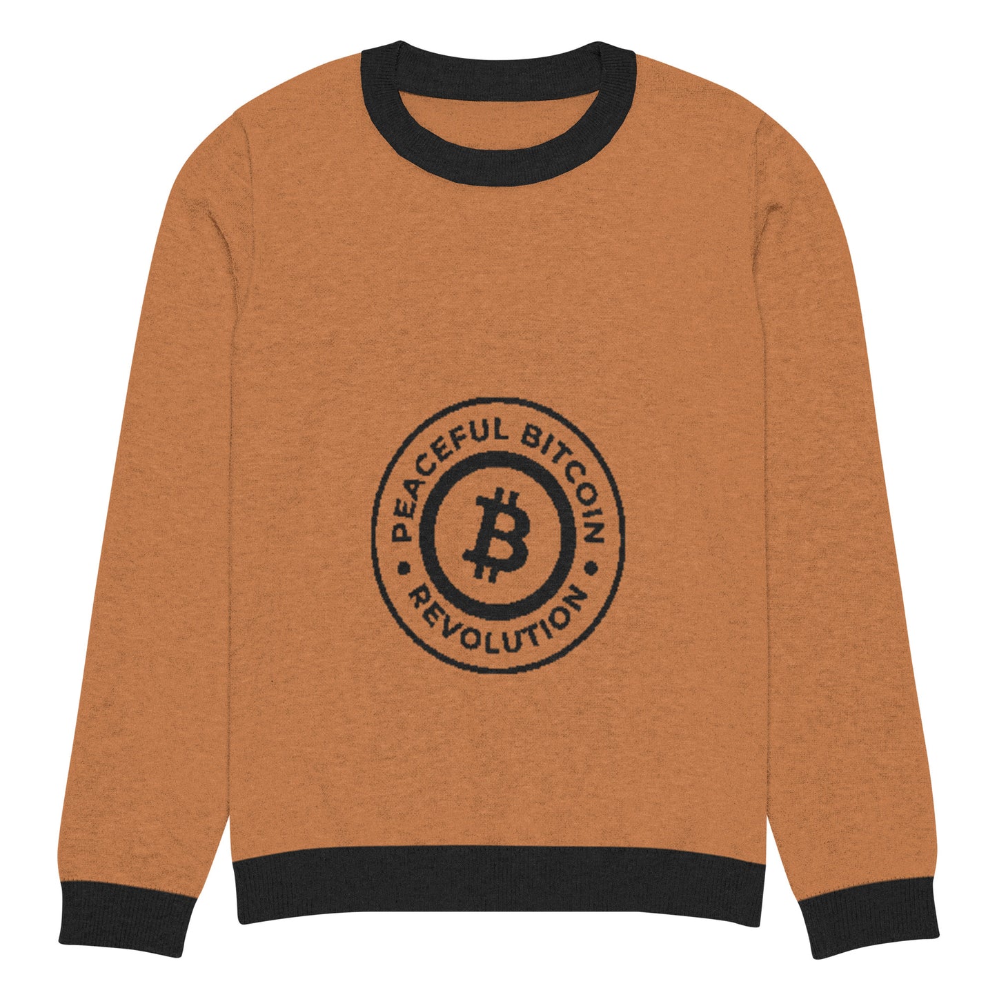 Bitcoin Peaceful Revolution Knitted Crew Neck Sweater – Cozy sweater with a Bitcoin-themed peaceful revolution design
