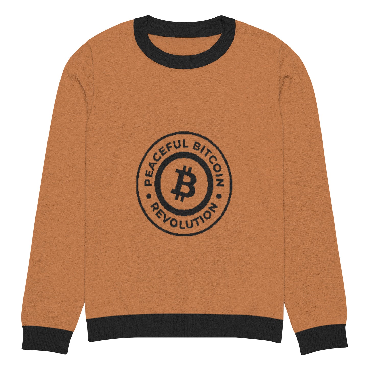Bitcoin Peaceful Revolution Knitted Crew Neck Sweater – Cozy sweater with a Bitcoin-themed peaceful revolution design