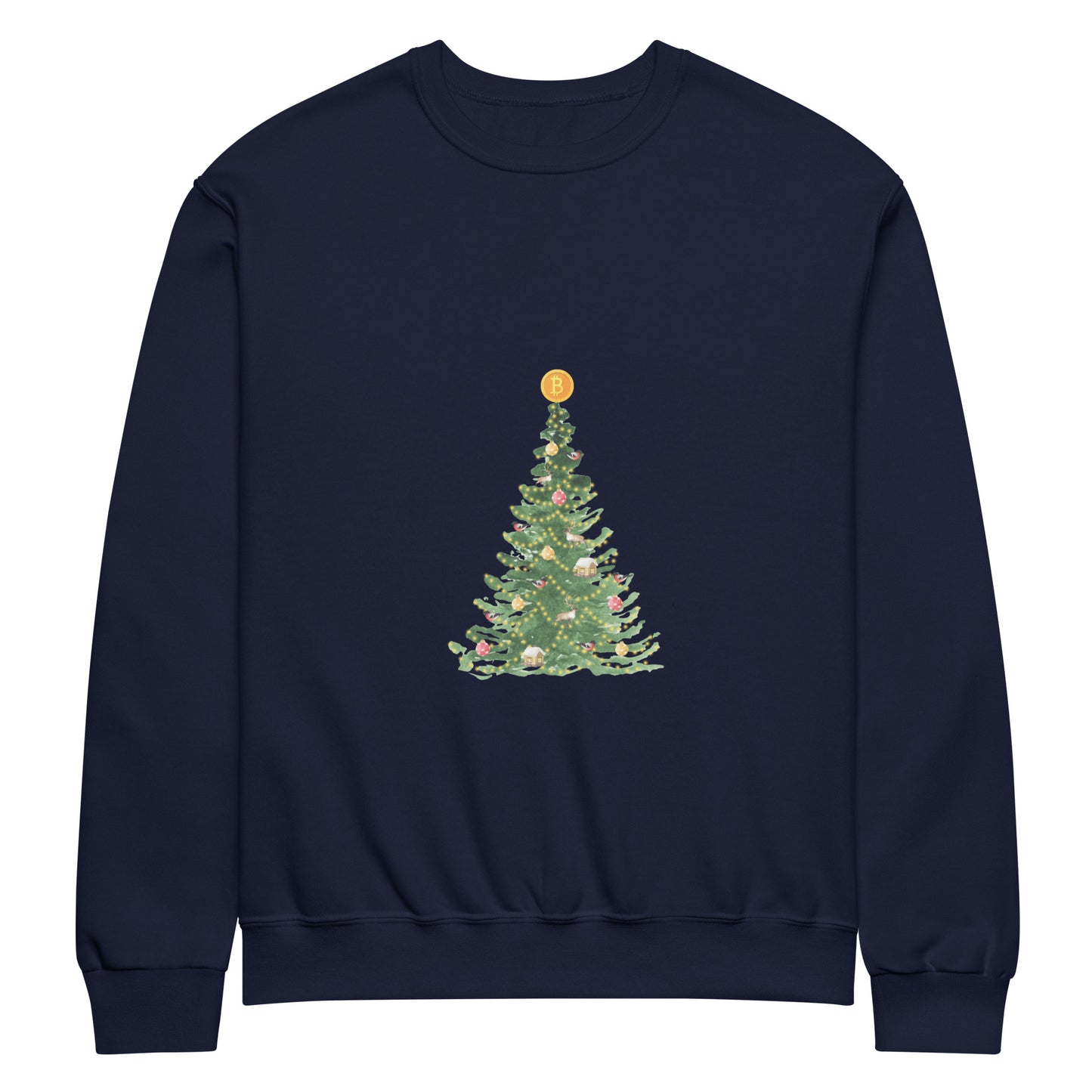 Bitcoin Christmas Tree Crew Neck Sweatshirt – Festive sweatshirt with a Bitcoin-themed Christmas tree design
