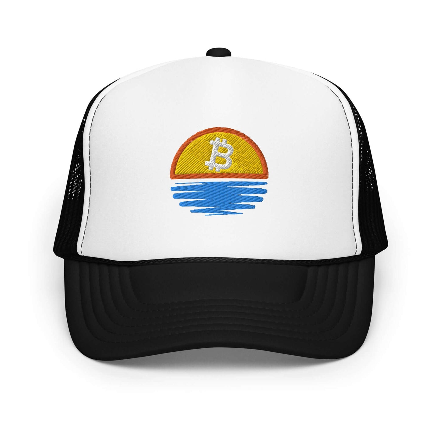 Shop the Bitcoin Sunset Foam Trucker Hat—stylish and breathable hat with a Bitcoin sunset design for Bitcoin plebs in white and black