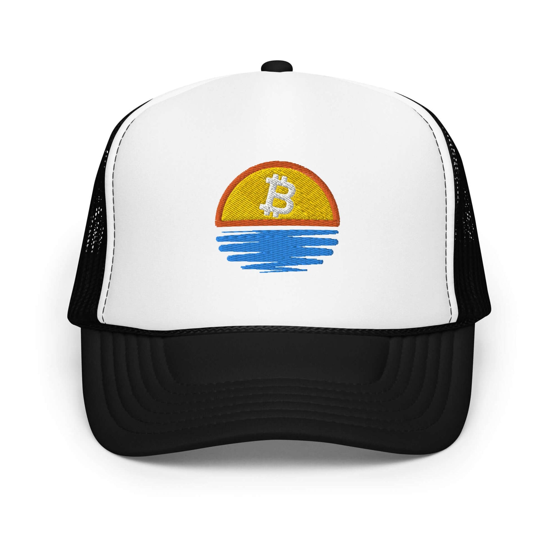 Shop the Bitcoin Sunset Foam Trucker Hat—stylish and breathable hat with a Bitcoin sunset design for Bitcoin plebs in white and black