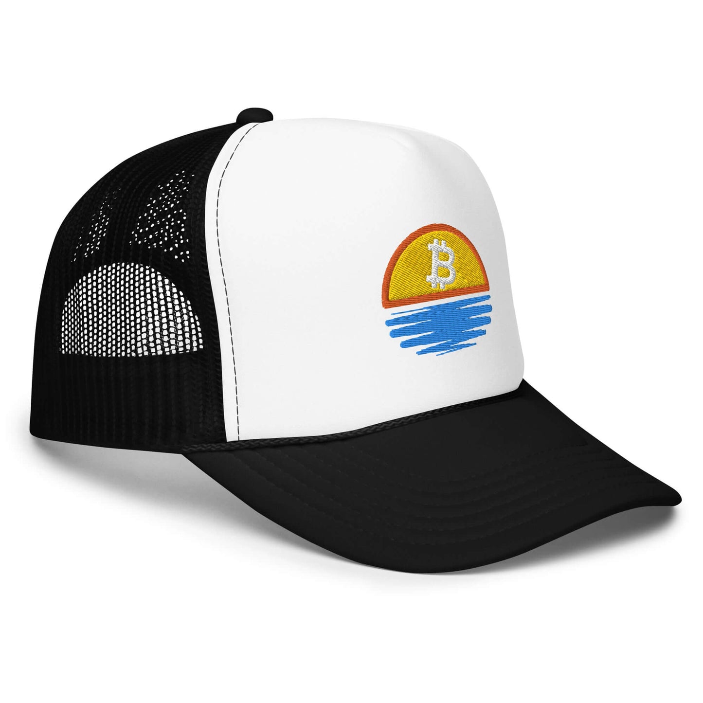 Shop the Bitcoin Sunset Foam Trucker Hat—stylish and breathable hat with a Bitcoin sunset design for Bitcoin plebs in white and black