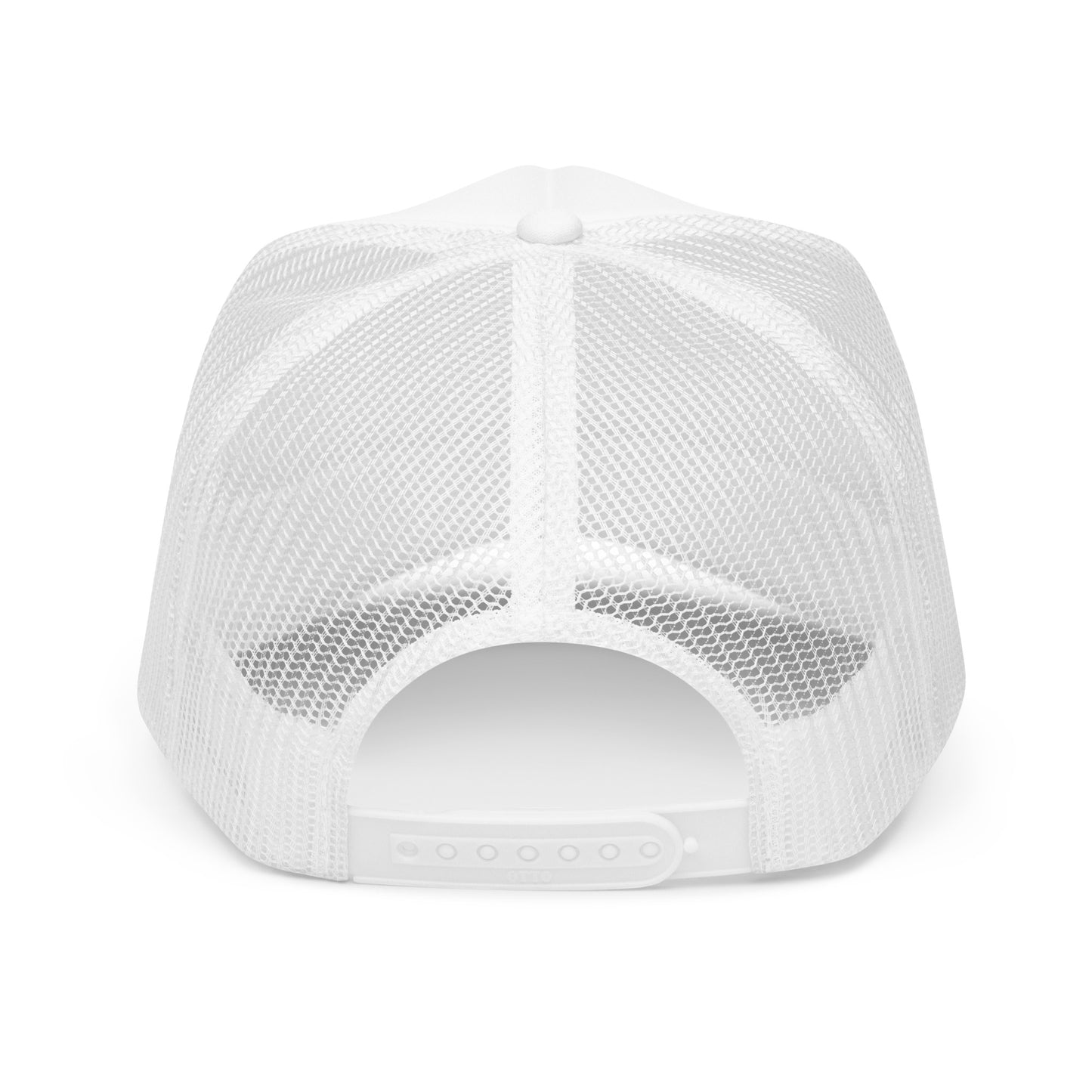 Shop the Bitcoin Sunset Foam Trucker Hat—stylish and breathable hat with a Bitcoin sunset design for Bitcoin plebs in white