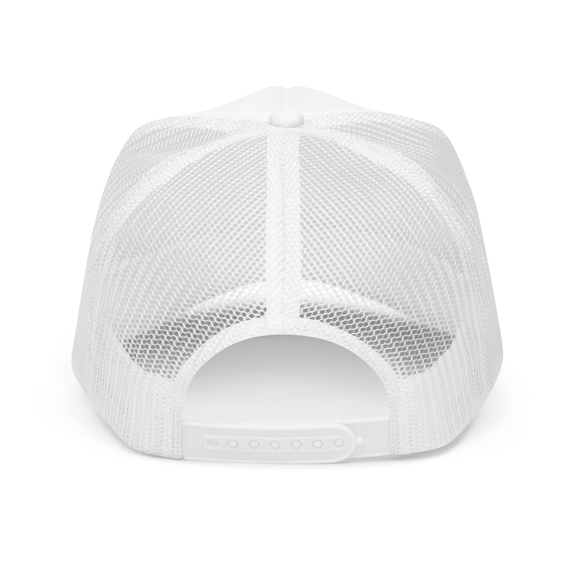 Shop the Bitcoin Sunset Foam Trucker Hat—stylish and breathable hat with a Bitcoin sunset design for Bitcoin plebs in white