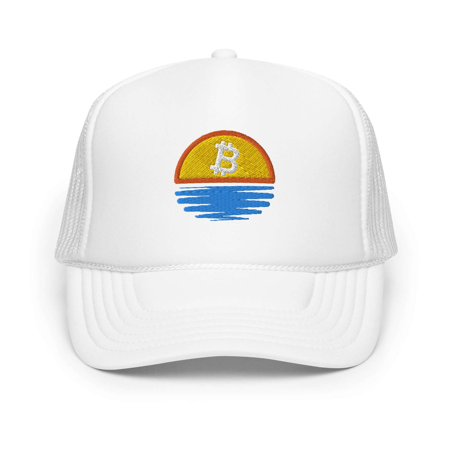 Shop the Bitcoin Sunset Foam Trucker Hat—stylish and breathable hat with a Bitcoin sunset design for Bitcoin plebs in white