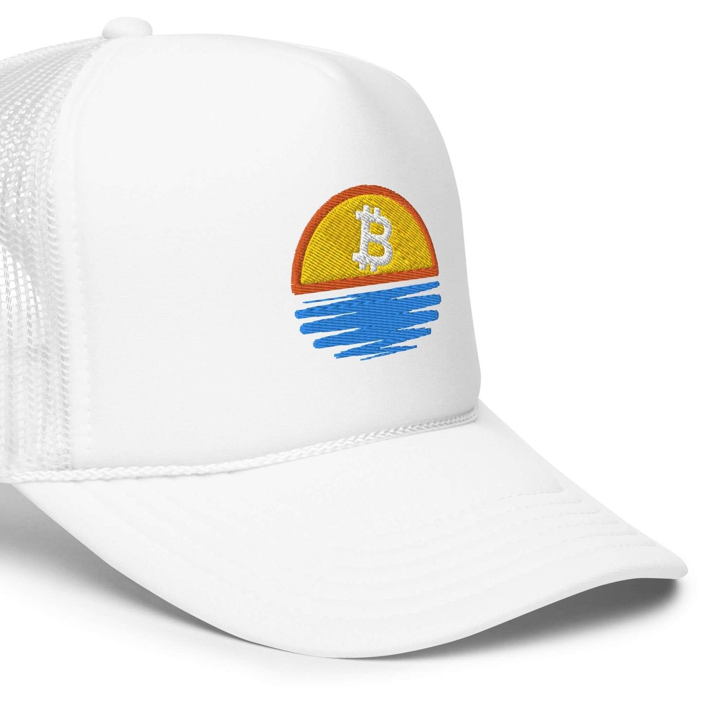 Shop the Bitcoin Sunset Foam Trucker Hat—stylish and breathable hat with a Bitcoin sunset design for Bitcoin plebs in white