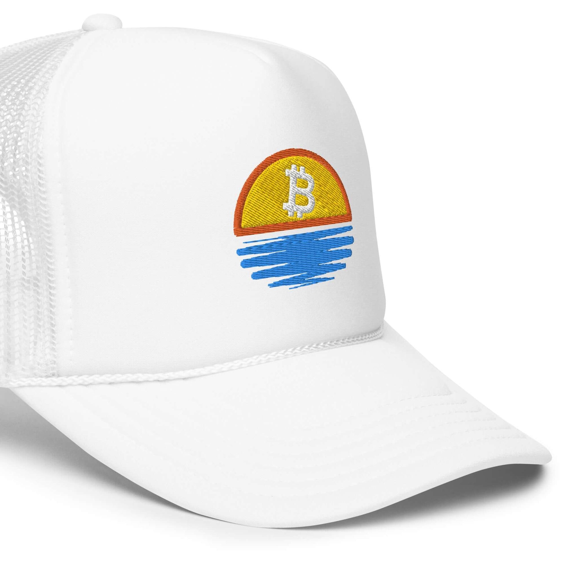 Shop the Bitcoin Sunset Foam Trucker Hat—stylish and breathable hat with a Bitcoin sunset design for Bitcoin plebs in white