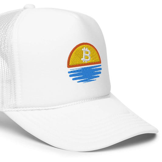Shop the Bitcoin Sunset Foam Trucker Hat—stylish and breathable hat with a Bitcoin sunset design for Bitcoin plebs in white