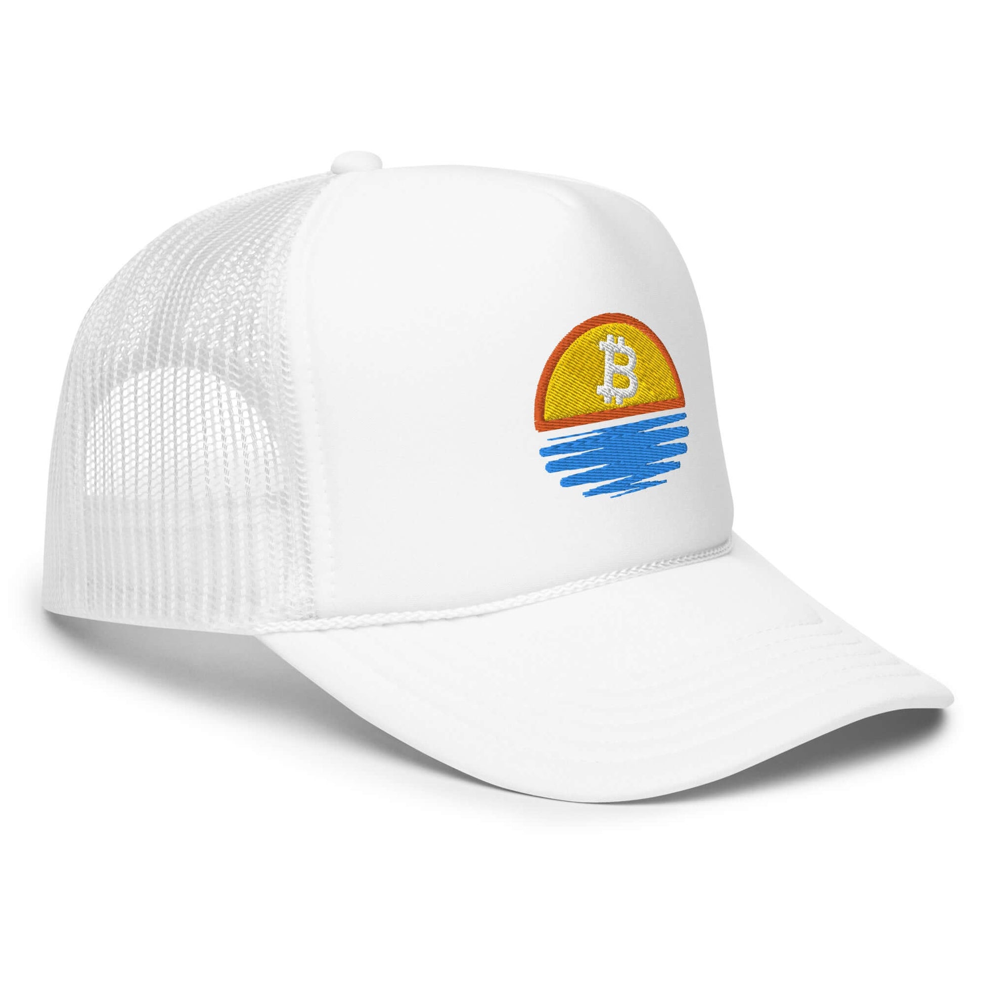 Shop the Bitcoin Sunset Foam Trucker Hat—stylish and breathable hat with a Bitcoin sunset design for Bitcoin plebs in white