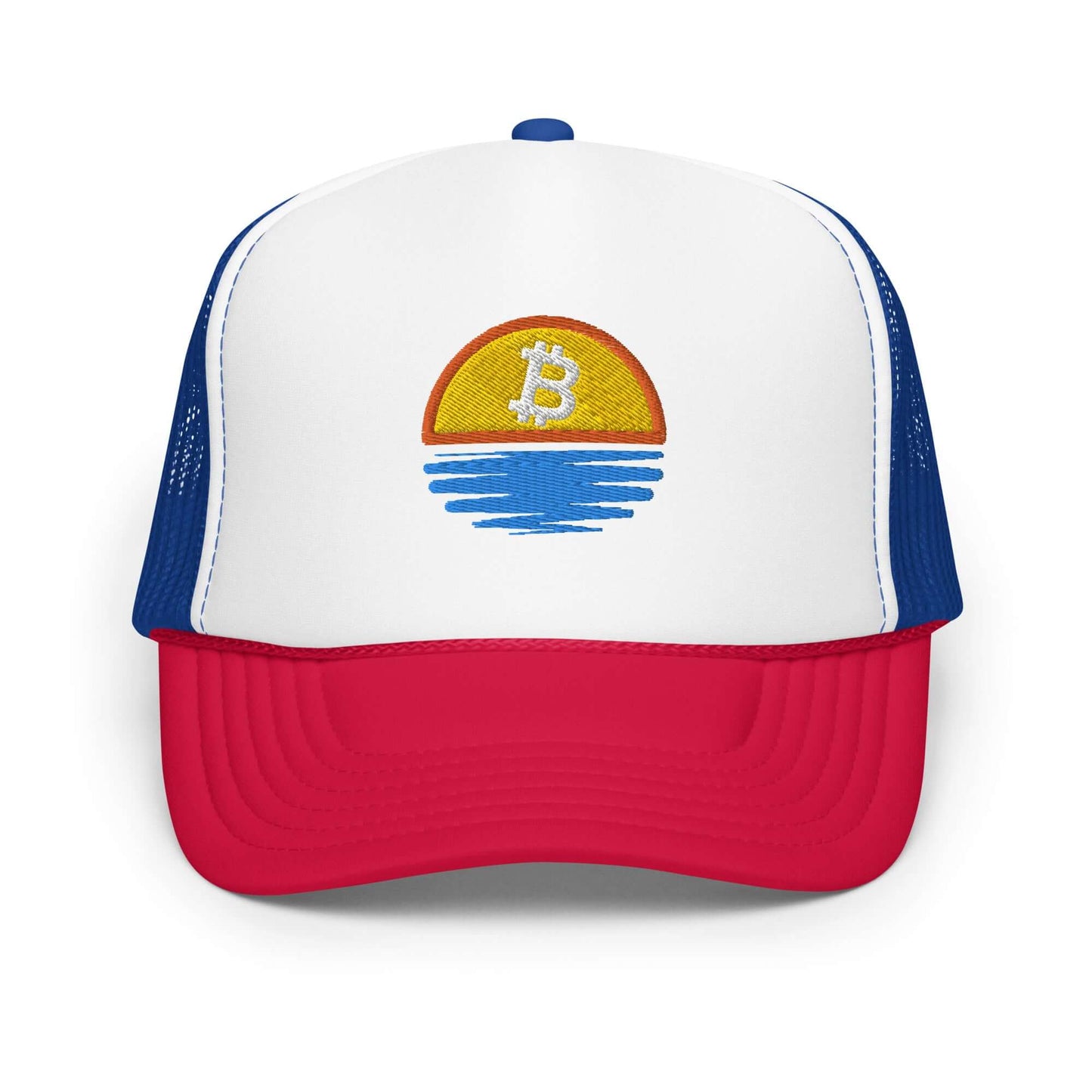 Shop the Bitcoin Sunset Foam Trucker Hat—stylish and breathable hat with a Bitcoin sunset design for Bitcoin plebs in red white and black
