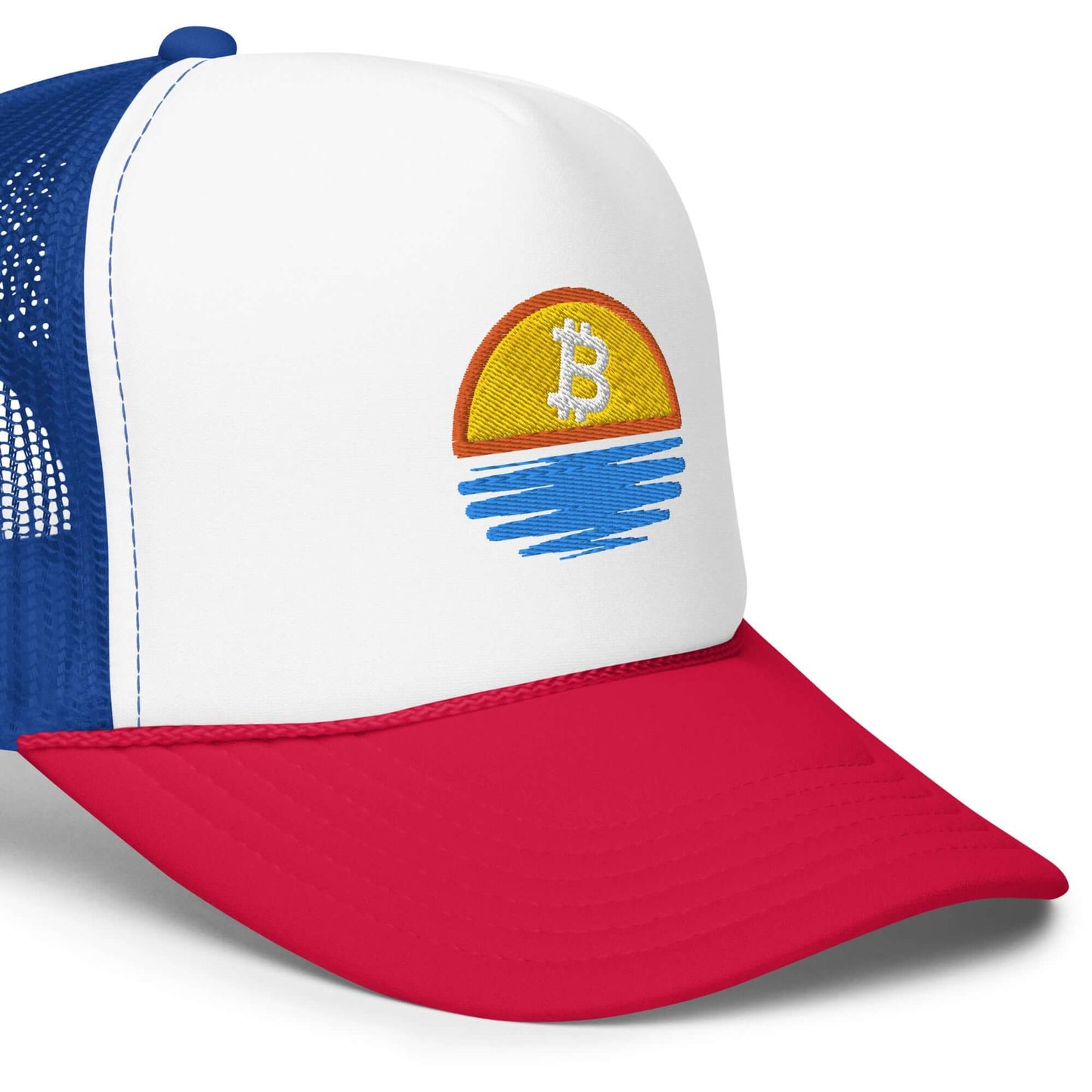 Shop the Bitcoin Sunset Foam Trucker Hat—stylish and breathable hat with a Bitcoin sunset design for Bitcoin plebs in red white and blue