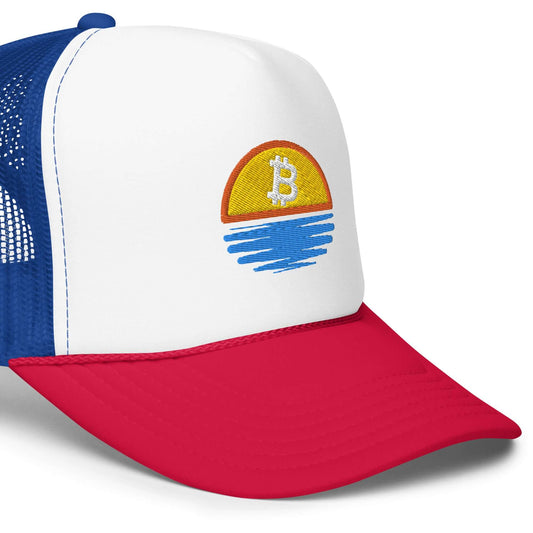 Shop the Bitcoin Sunset Foam Trucker Hat—stylish and breathable hat with a Bitcoin sunset design for Bitcoin plebs in red white and blue