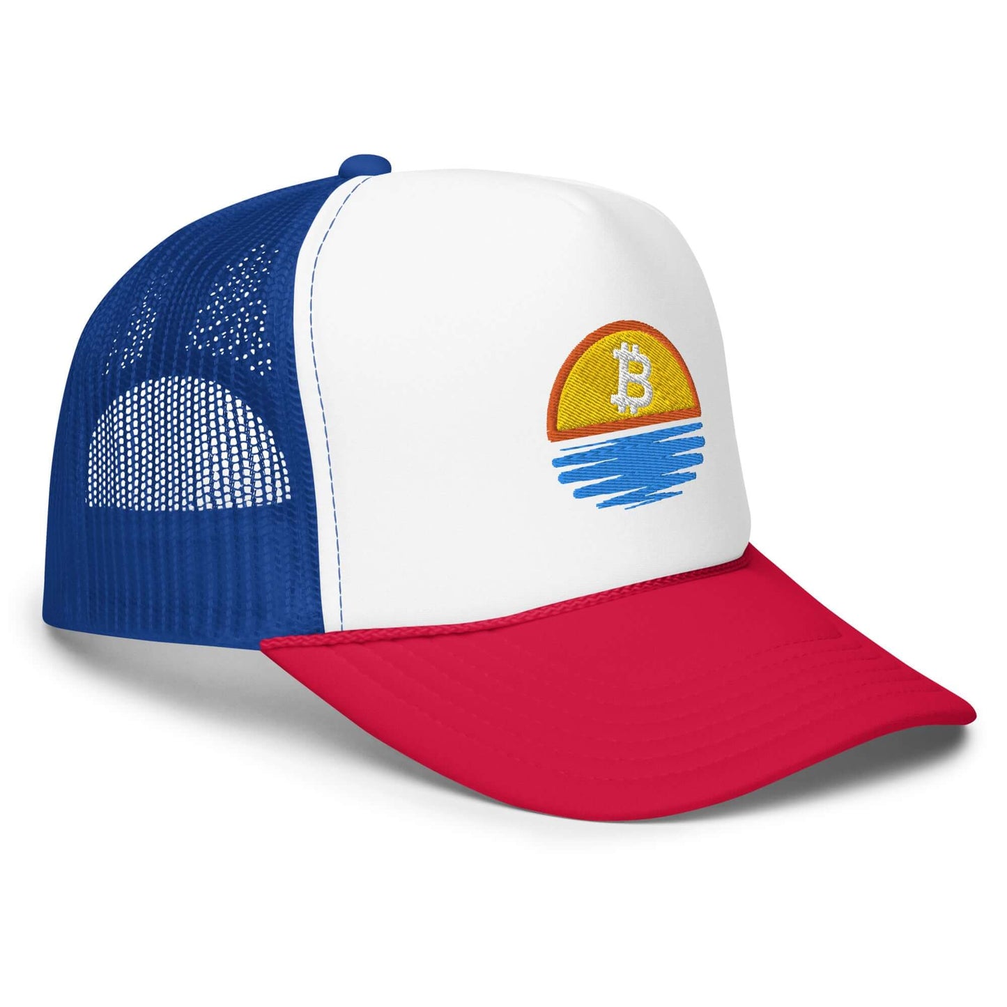 Shop the Bitcoin Sunset Foam Trucker Hat—stylish and breathable hat with a Bitcoin sunset design for Bitcoin plebs in red white and black