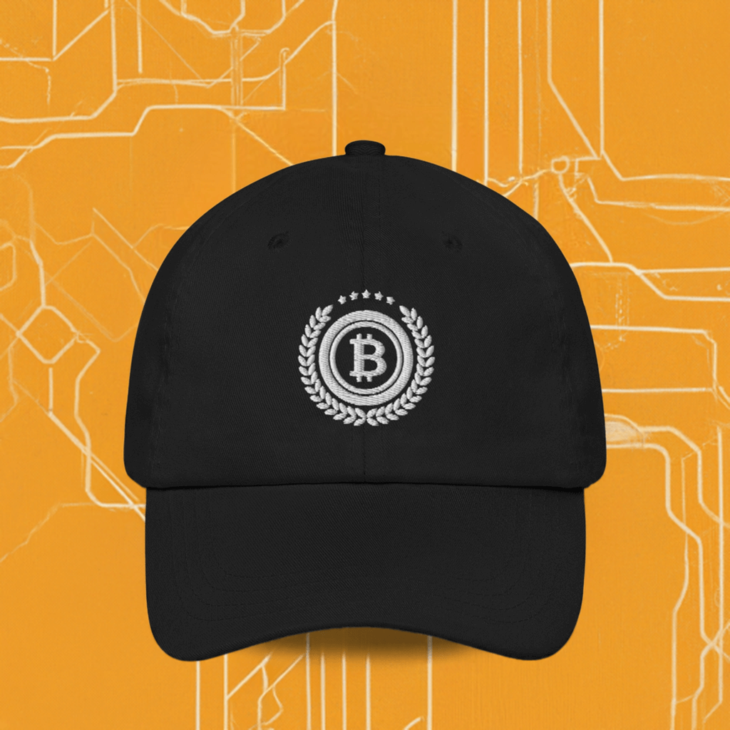 Shop the Bitcoin 5 Stars Dad Hat—stylish and comfortable cap for Bitcoin supporters who wear their passion proudly in black