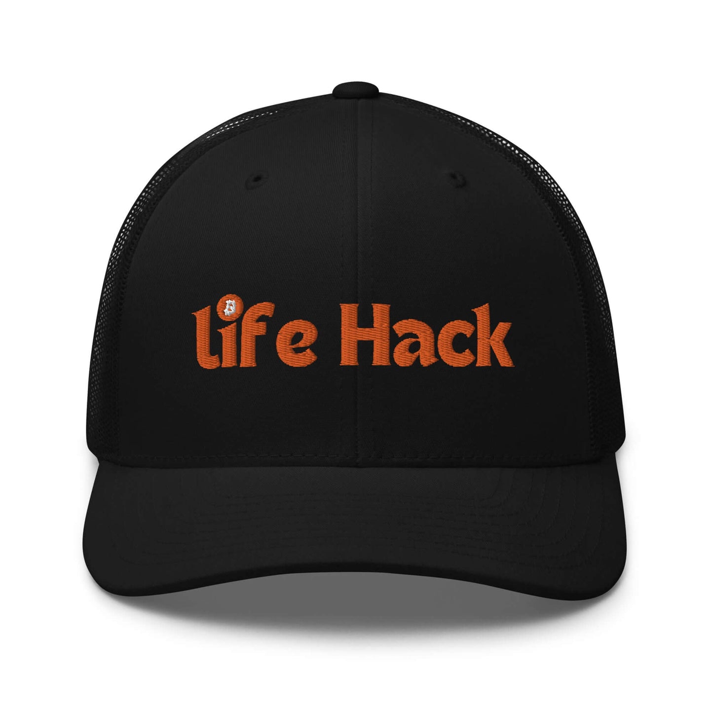 Life Hack Trucker Cap – Mesh-back trucker hat with a Bitcoin-themed 'Life Hack' design