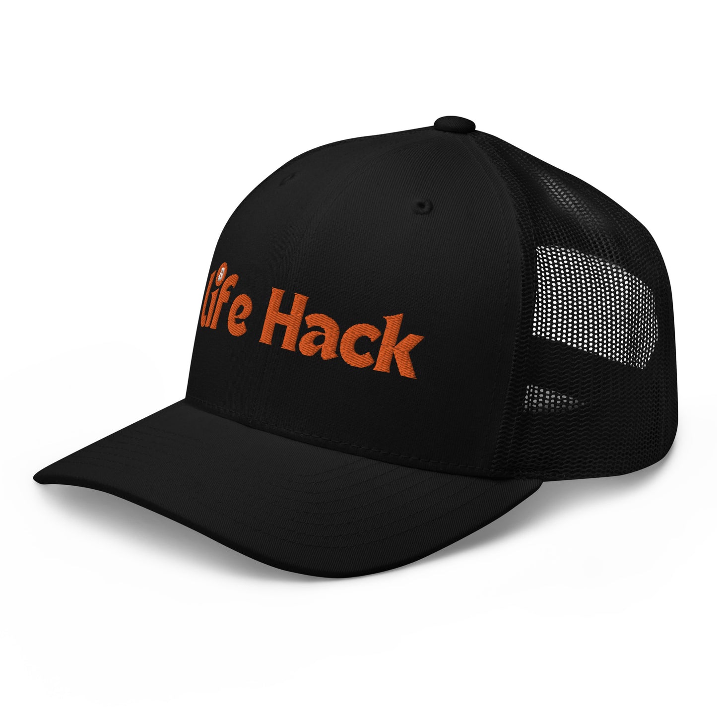 Life Hack Trucker Cap – Mesh-back trucker hat with a Bitcoin-themed 'Life Hack' design