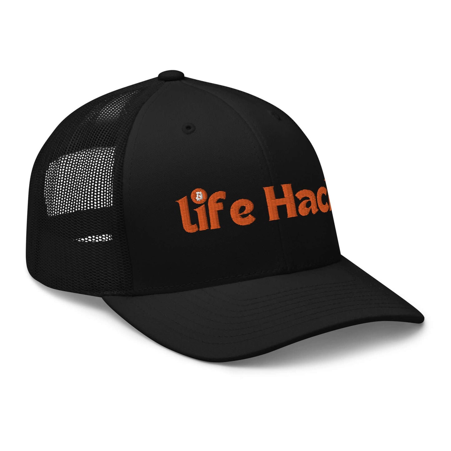 Life Hack Trucker Cap – Mesh-back trucker hat with a Bitcoin-themed 'Life Hack' design