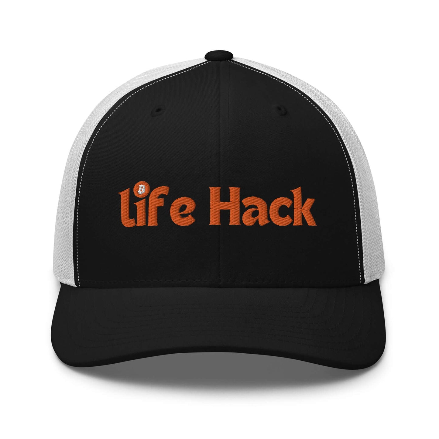 Life Hack Trucker Cap – Mesh-back trucker hat with a Bitcoin-themed 'Life Hack' design