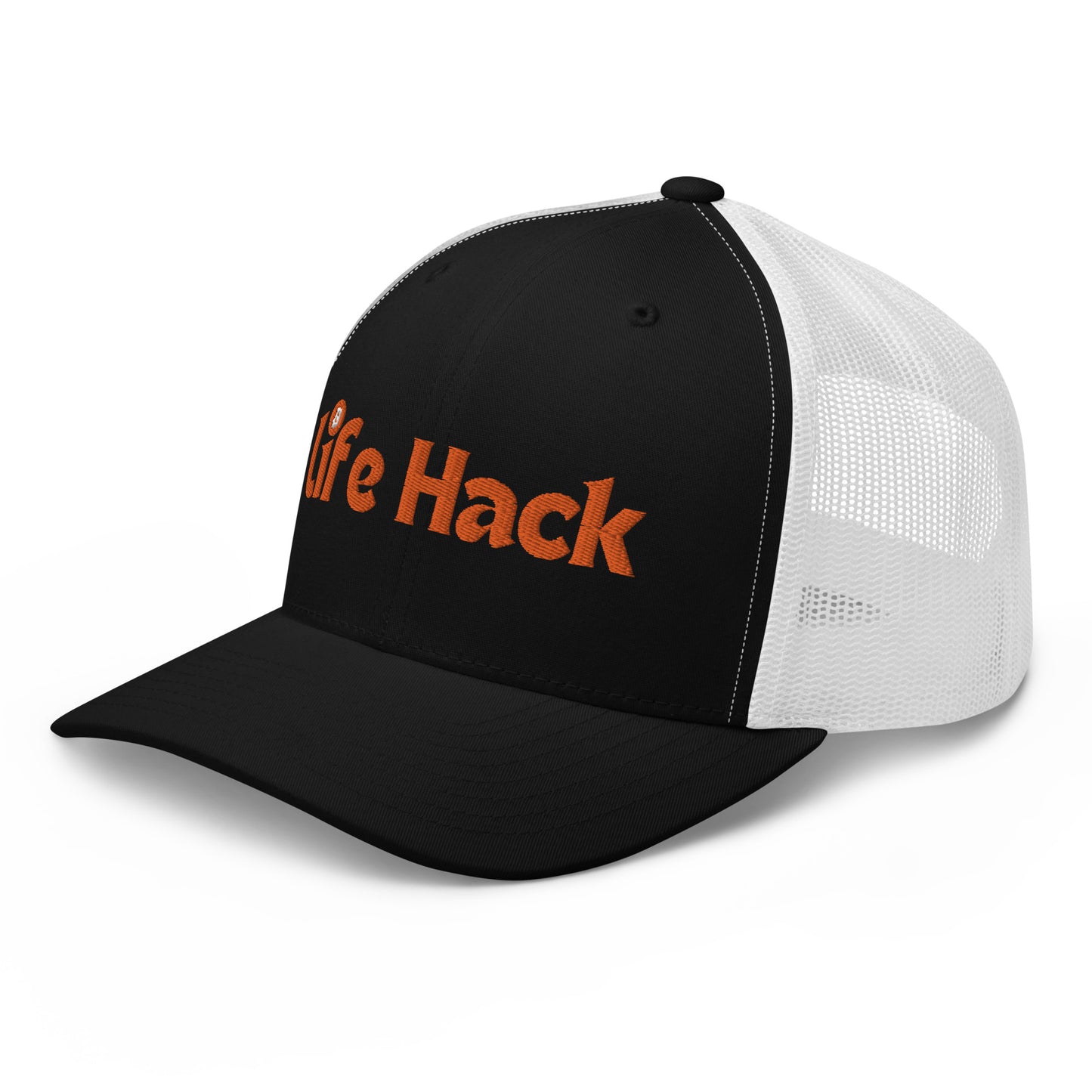 Life Hack Trucker Cap – Mesh-back trucker hat with a Bitcoin-themed 'Life Hack' design
