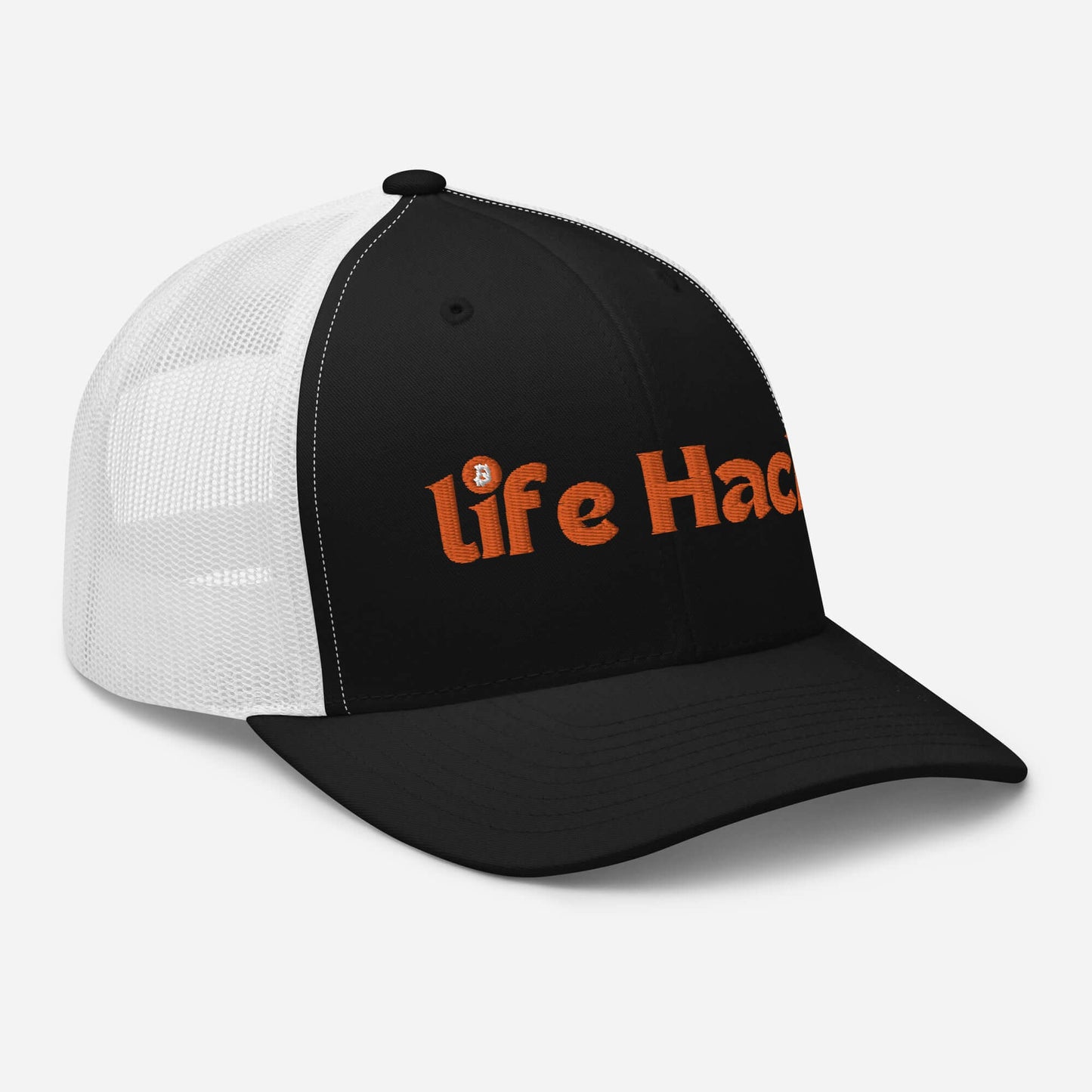 Life Hack Trucker Cap – Mesh-back trucker hat with a Bitcoin-themed 'Life Hack' design