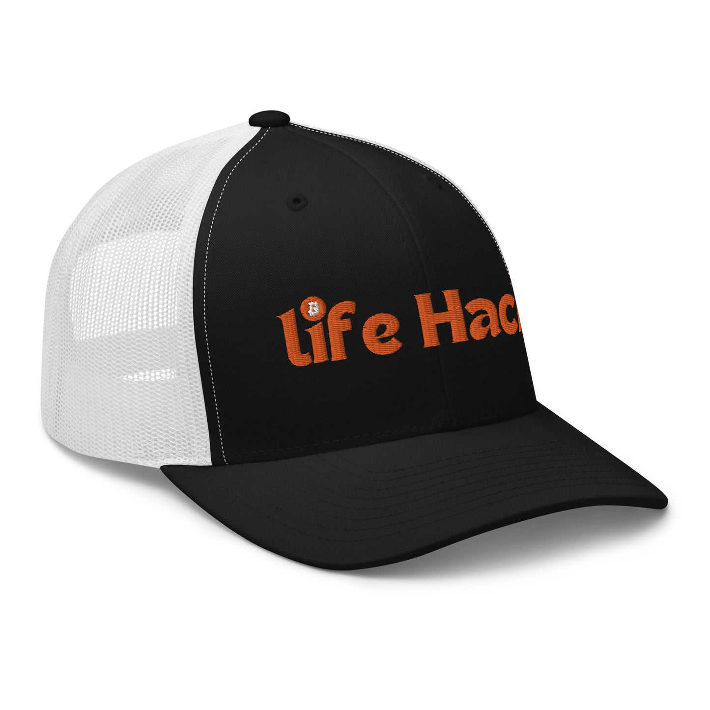 Life Hack Trucker Cap – Mesh-back trucker hat with a Bitcoin-themed 'Life Hack' design