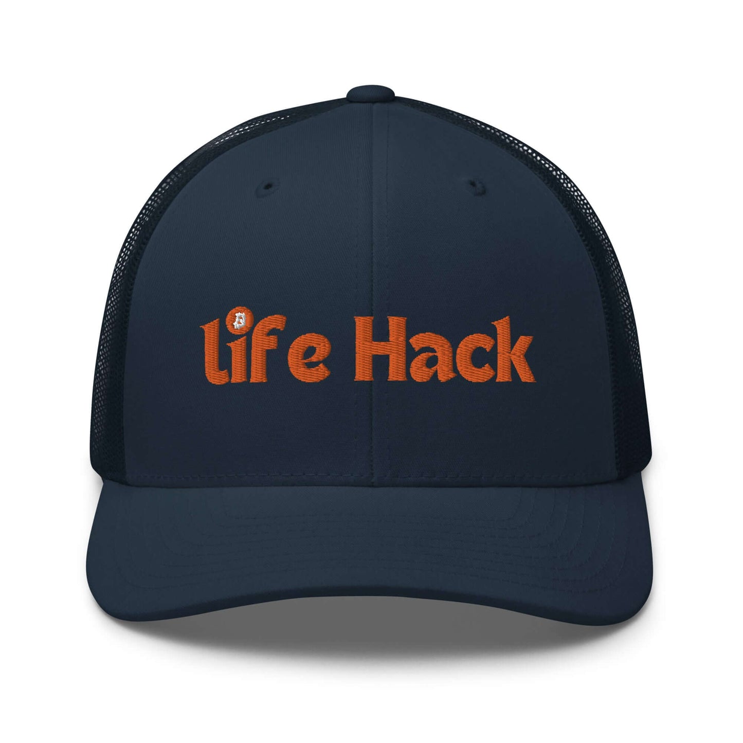Life Hack Trucker Cap – Mesh-back trucker hat with a Bitcoin-themed 'Life Hack' design