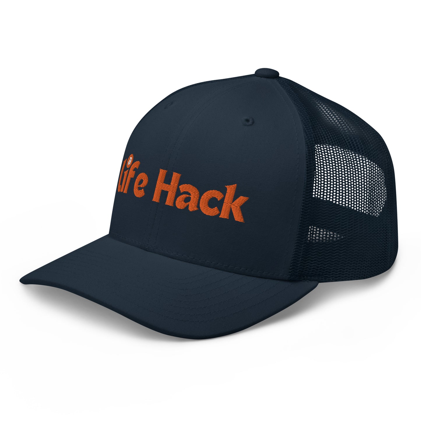 Life Hack Trucker Cap – Mesh-back trucker hat with a Bitcoin-themed 'Life Hack' design