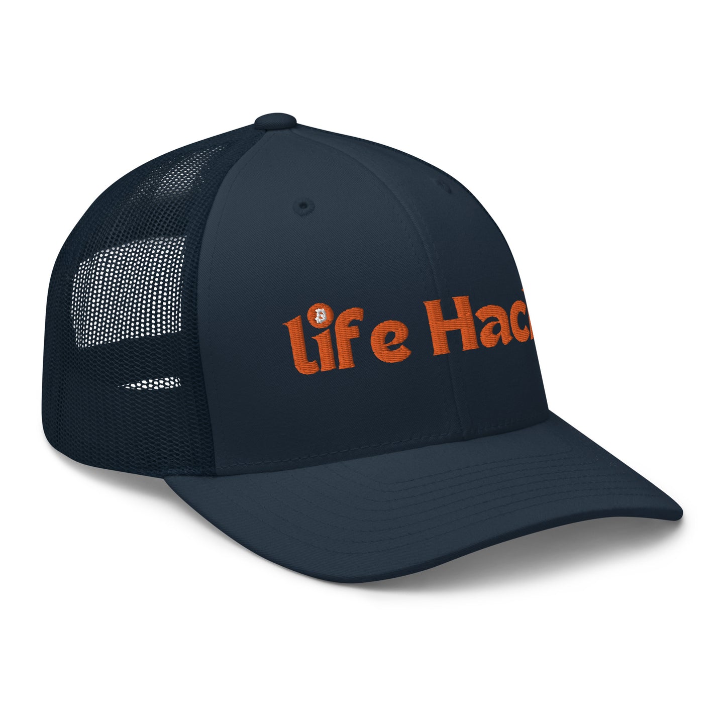 Life Hack Trucker Cap – Mesh-back trucker hat with a Bitcoin-themed 'Life Hack' design